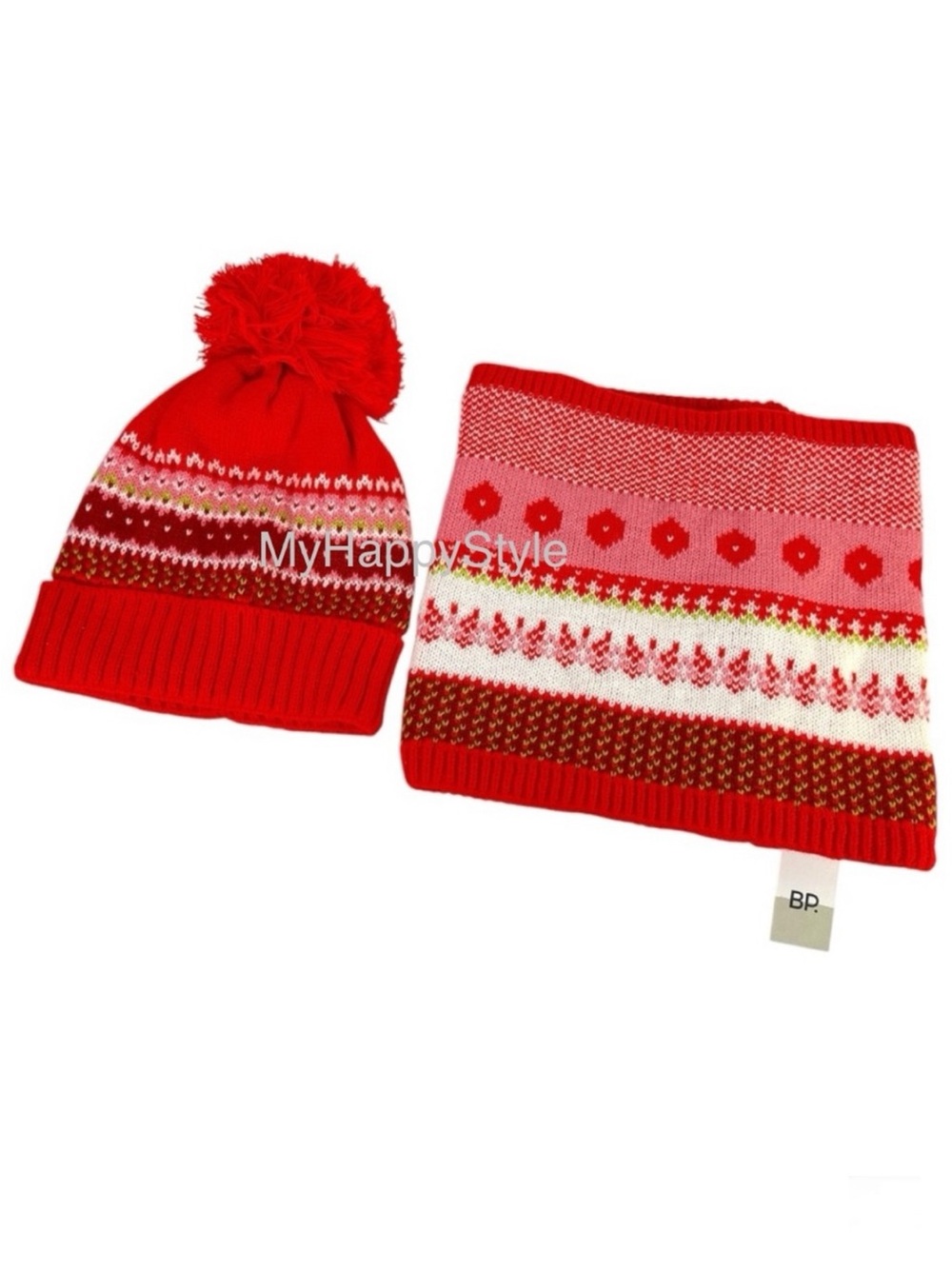 NORDSTROM BP Fair Isle Snood & Pom Beanie Set NEW Red Goji